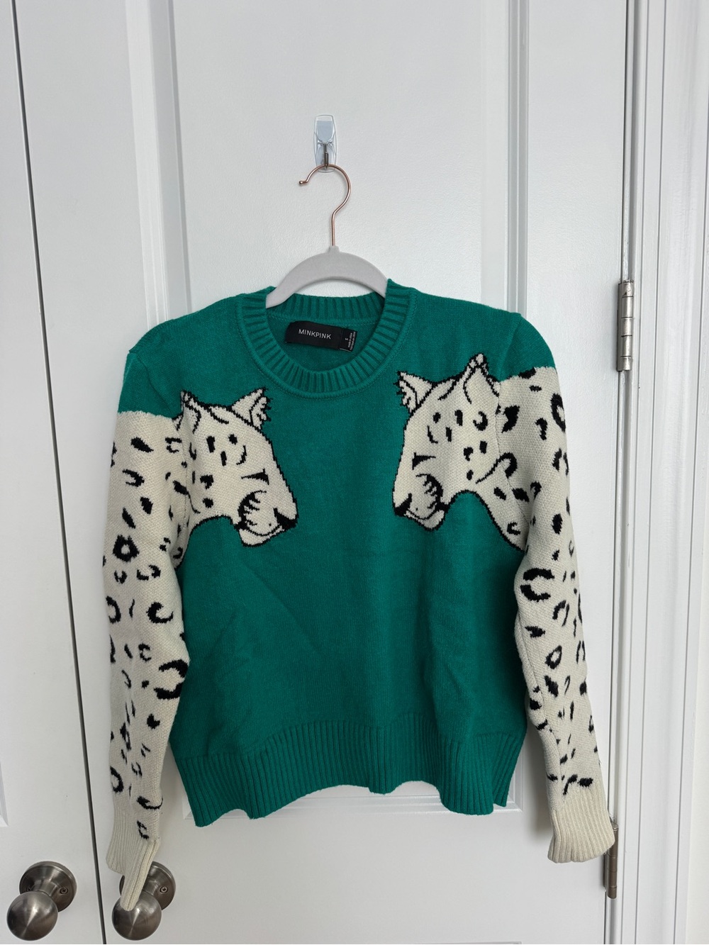 MINKPINK Teal Crewneck Sweater with Cream Leopard Motif